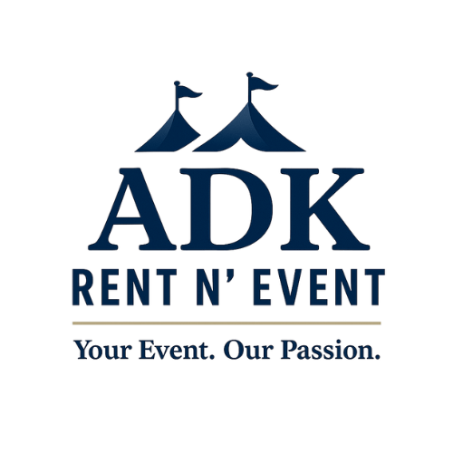 ADK Rent N' Event logo with tent icons and tagline "Your Event. Our Passion."