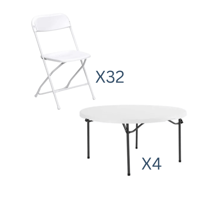 5 ft Round Table & Chairs Package (32 Guests)