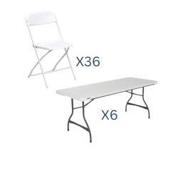 6 ft Rectangular Table & Chairs Package (36 Guests)