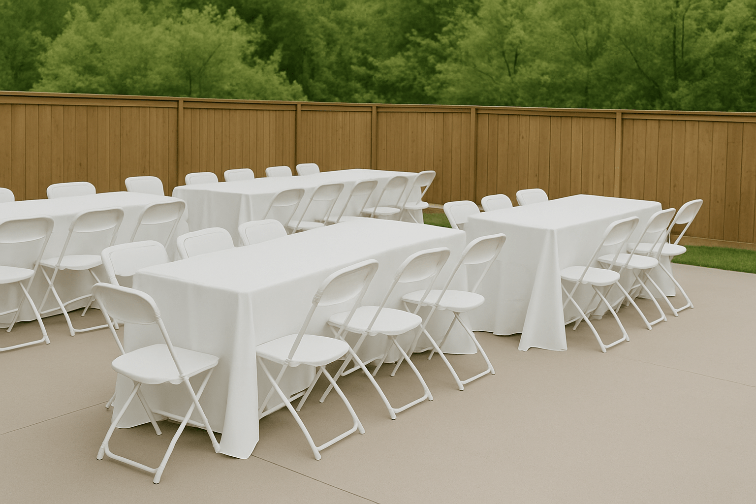 Outdoor event setup with tables and chairs