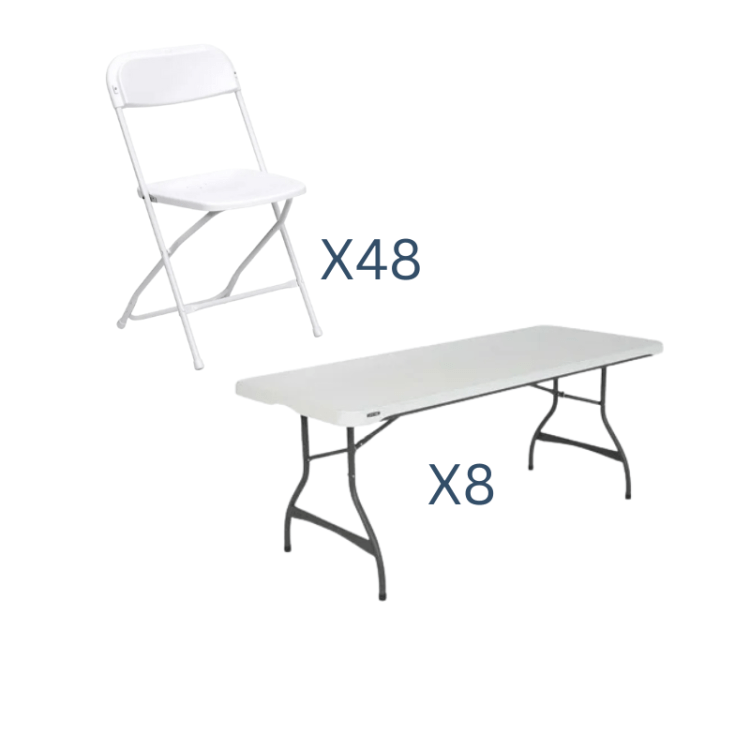 6 ft Rectangular Table & Chairs Package (48 Guests)